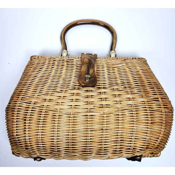 Vintage Simon Wicker Basket Purse Pocketbook Lucite Handle Frame 50's 60's Retro - Picture 1 of 9